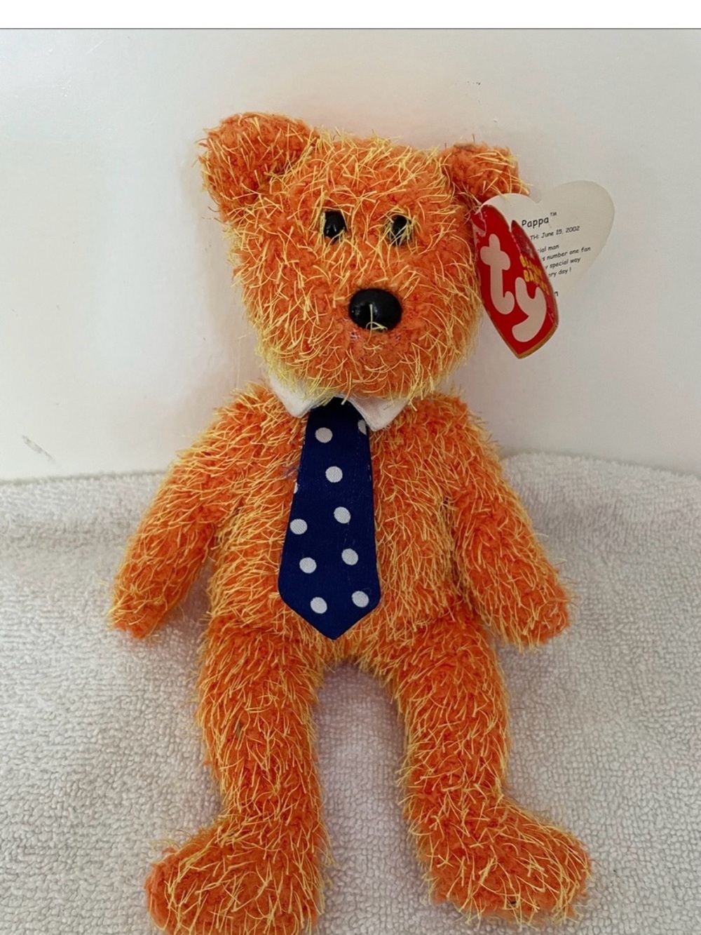 Ty Orange Fuzzy Bear with Blue Polka Dot Tie
